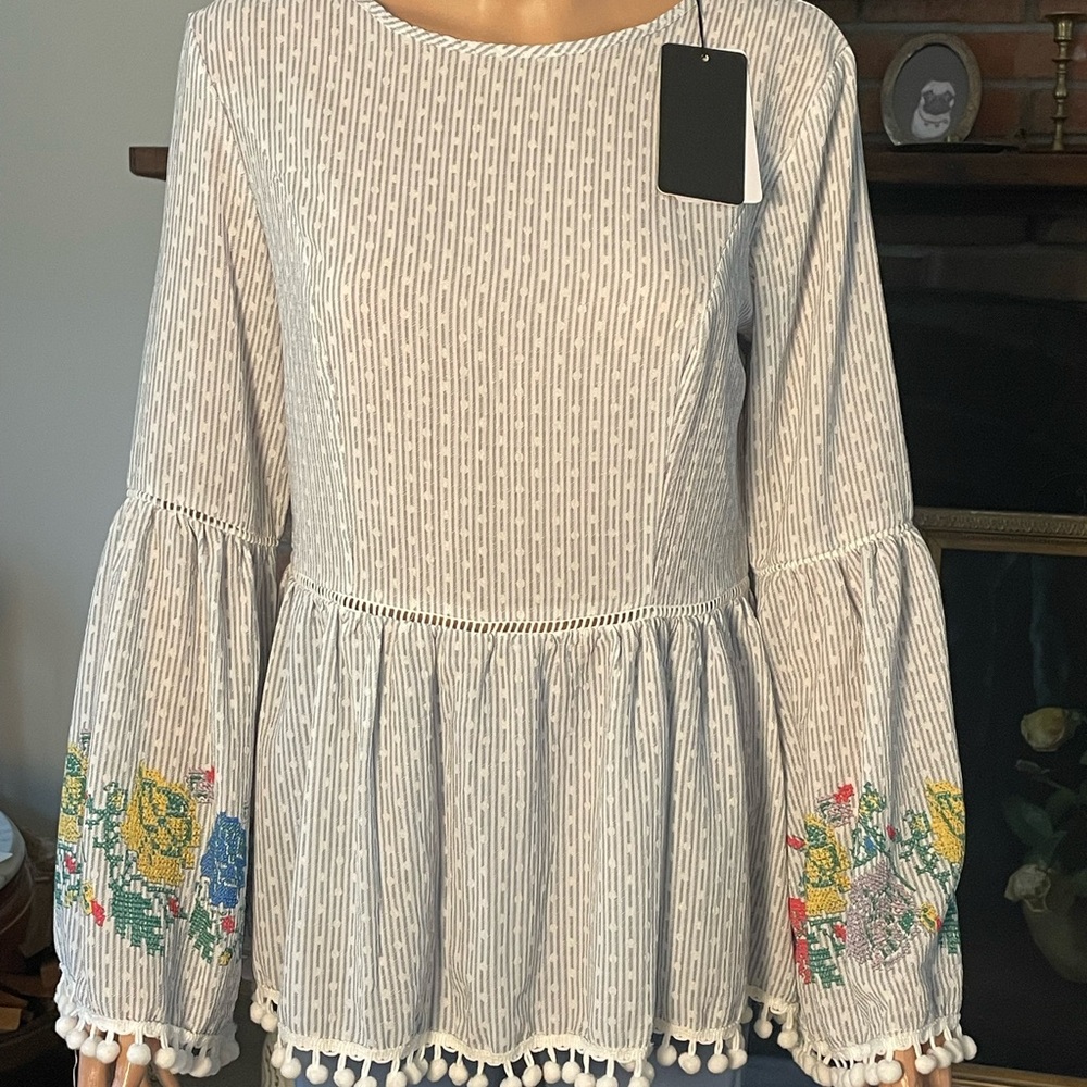 White and Blue Peplum Blouse with Embellished Bell Sleeves